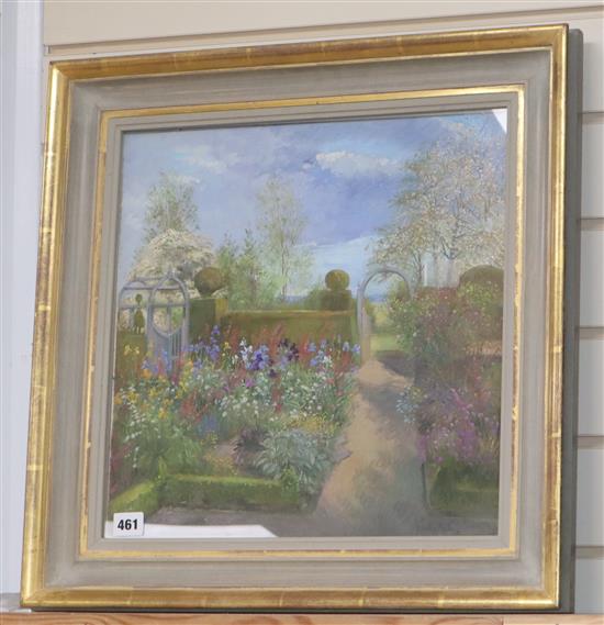 Timothy Easton (b. 1943), Enclosed Irises, Bedfield Hall, signed, inscribed verso, oil on canvas (glazed frame),